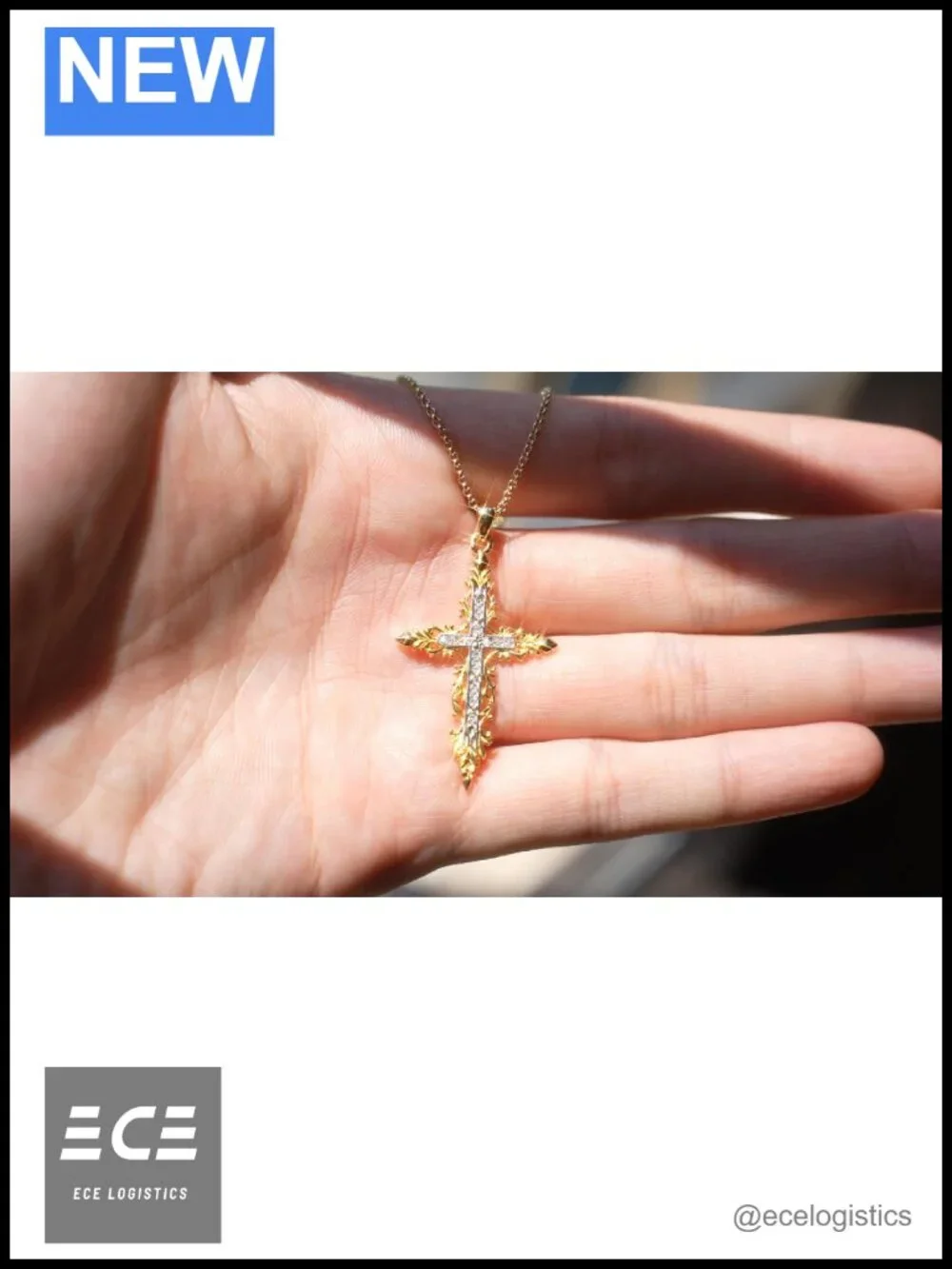 Baroque Cross Necklace 14K Yellow Gold Plated Sterling Silver CZ Pendant